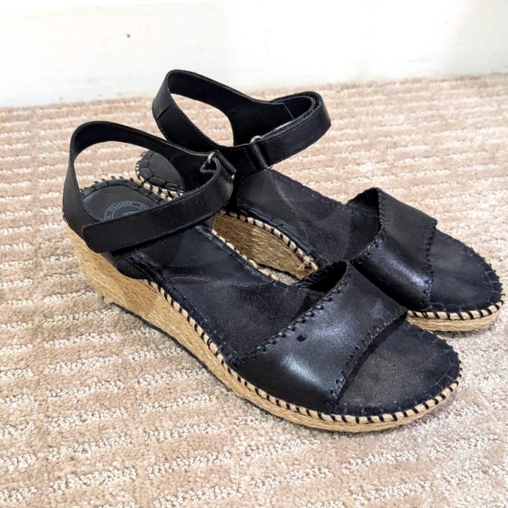 Nurture Black Leather Espadrille Wedge Sandals